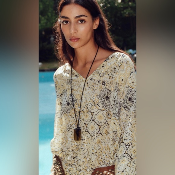 Zara metallic Round neck blouse with a frill, V-neck long puff sleeves. NWT - Picture 2 of 12